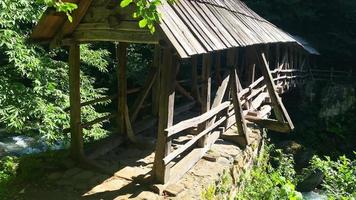 Khabelashvilebi timber reel bridge in summer. Travel destination in Adjara. Close to Batumi travel spots video