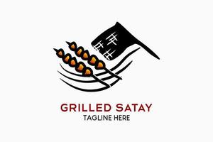 Grilled satay logo design with hand drawn creative concept. Satay icon with satay fan icon. Grilled meat logo illustration vector