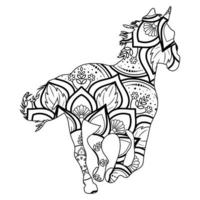 Horse mandala coloring page for kids and adults, animal mandala vector line art design style illustration.