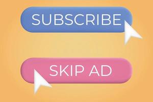 3d button skip ads and subscribe with cursor. Join or unsubscribe. Isolated button. Click, go to another tab. Digital element, transition. Vector