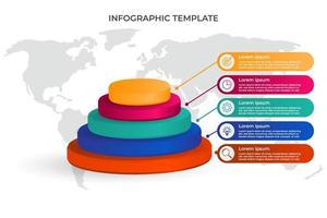 plantilla de elemento infográfico de cilindro con icono 5 pasos u opción - fondo de mapa mundial. vector