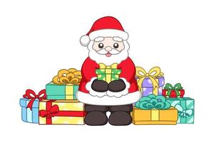 Happy Santa Claus holding a Christmas present surrounded by colorful gift boxes