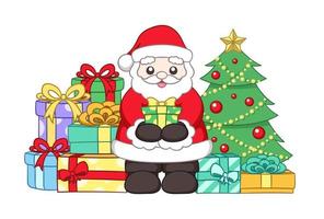 Happy Santa Claus next to a Christmas tree holding a present surrounded by colorful gift boxes vector