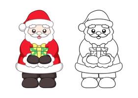 Happy Santa Claus holding out and giving a Christmas present cartoon. Colored and outline set. Coloring book page printable activity worksheet for kids. vector