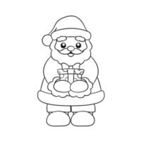 Happy Santa Claus holding out and giving a Christmas present cartoon line art outline illustration. Coloring book page printable activity worksheet for kids. vector