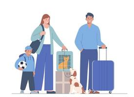 la familia se va de vacaciones. madre, padre, niño, gato y perro viajan juntos. concepto de viajar con mascotas. vector