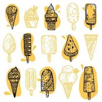 Ice cream hand drawn yellow and black doodle set. Vector illustration isolated on white background.