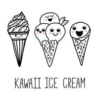 Cute hand drawn kawaii cartoon characters. Ice cream with smiling faces. Fun happy doodles for kids vector