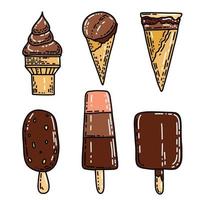 Hand drawn colorful chocolate doodle ice-cream and text for poster. Vector illustration isolated on white background.