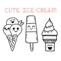 Cute hand drawn kawaii cartoon characters. Ice cream with smiling faces. Fun happy doodles for kids vector