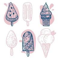 juego de garabatos rosa y azul dibujado a mano con helado. ilustración vectorial aislado sobre fondo blanco.