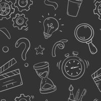 Quiz seamless pattern in doodle style, vector illustration. Back to school concept, stationery symbols on chalk board background. Pattern hand drawn for print and game quiz