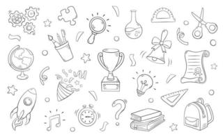 School set elements in doodle style, vector illustration. Back to school concept, isolated symbols on a white background. Icon collection, hand drawn for print and design. Online education sketch