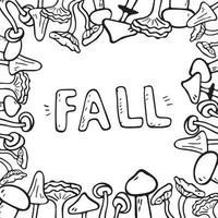 Vector flat illustration banner with inscription fall with autumn mushrooms. Doodle objects are cut out