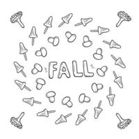 Vector flat illustration banner with inscription fall with autumn mushrooms. Doodle objects are cut out