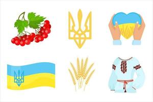 Set Ukrainian symbols. Tryzub, vyshyvanka, viburnum, arms with heart, national flag of Ukraine, ears of wheat. Isolated on white background. Vector illustration.