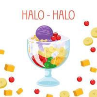 Halo halo is a cold sweet dessert. A very tasty dessert in the Philippines. Dessert with mixed fruits in the background. Vector illustration.