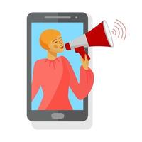 WebWoman in smartphone screen. Woman holding loudspeaker or bullhorn. Vector illustration in flat style.