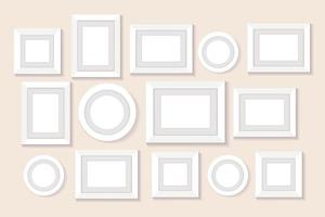 Frame collage on wall. Blank, empty pictures. Circle, square photo frame for interior decor. Isolated illustration on pastel background. Vector illustration.
