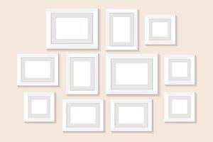 Frame collage on wall. Empty pictures. Square photo frame for decoration. Isolated illustration on pastel background. Vector illustration.