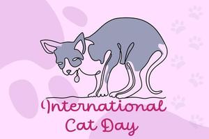 International Cat Day. Line art cat with a medallion on a colored background. Funny art with a pet. Holiday concept. Vector illustration.