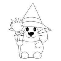 Cute Rabbit with broom and witch hat. Draw illustration in black and white vector