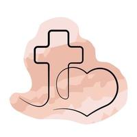 Christian icon Cross and heart in linear in watercolor vector