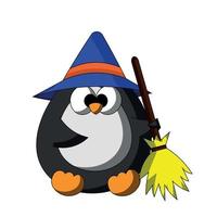 lindo pingüino con escoba y sombrero de bruja en color vector