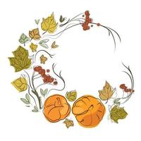 corona de otoño con calabazas naranjas y hojas de otoño y ramas de serbas, marco de corona redonda para el diseño de otoño.borde decorativo vectorial con calabazas aisladas en blanco, diseño dibujado a mano vector