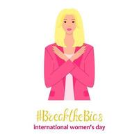 Break the bias. Blonde girl in pink jacket crossed her arms. International Women's Day banner. March 8th. Women's movement against stereotypes, discrimination, inequality. Vector illustration