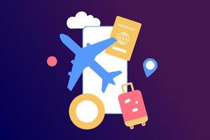 Traveling on airplane, planning for tourism on summer vacation concept. Business trip with passport and travel bag. Online ticket, travel booking and service concept. Flat vector illustration.