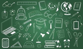 Blackboard with school icons. Education sketchy with school supplies. Linear doodle style. vector