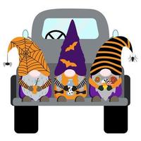 gnomos vectoriales de halloween en una camioneta negra con poción, botella con ojos, dulces. aislado sobre fondo blanco. perfecto para diseño de sublimación, estampados. vector