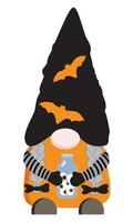 Cartoon Halloween vector illustration of gnome girl in balck hat and orange bats holding bottle with eyes. Isolated on white background.