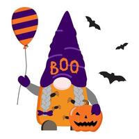 Cartoon Halloween vector illustration of gnome girl in purple hat with baloon and lantern pumpkin. Isolated on white background. Great for sublimation design, prints.