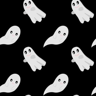 Cute Halloween ghosts vector seamless pattern. Isolated on black background. Spooky repeat wallpaper, gift, wrap paper design.