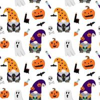Halloween seamless pattern with gnomes, scary pumpkins, ghosts, potions, black candles. Vector illustration. Isolated on white background.