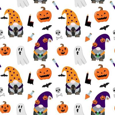 Halloween seamless pattern with gnomes, scary pumpkins, ghosts, potions, black candles. Vector illustration. Isolated on white background.