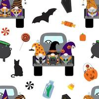 vector de dibujos animados patrón sin costuras de halloween con gnomos en camión negro, dulces, murciélago, gato. aislado sobre fondo blanco.