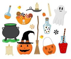 dibujos animados de halloween y conjunto de elementos de brujería. aislado sobre fondo blanco. ilustración vectorial ideal para impresiones, tarjetas, invitaciones. vector