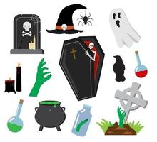 Happy Halloween set with tombstone, coffin, ghost, witch hat, potions, zombie hand, candles, cauldron. Isolated on a white background. Vector illustration.