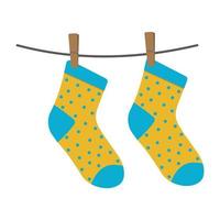 Children's colored socks hanging on a rope, vector isolated illustration