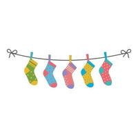 Children's colored socks hanging on a rope, vector isolated illustration