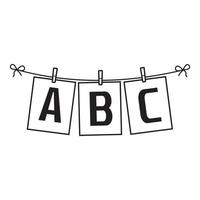 ABC letters on paper hanging on a rope, black outline, vector isolated illustration