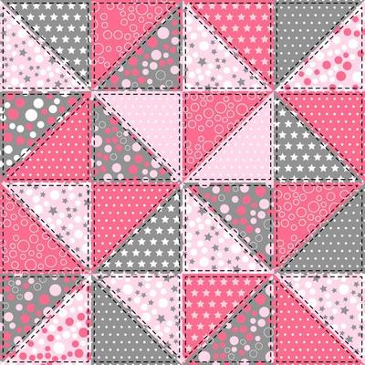 Pink and gray background patchwork pattern with geometric ornaments. Quilt design from stitched squares. For bedding, tablecloth, oilcloth or other textile design
