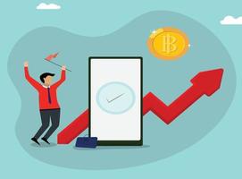 los empresarios obtienen ganancias en bitcoin. diseño de gráfico de gráfico de bitcoin de criptomoneda. la flecha roja muestra el precio de bitcoin subiendo ilustración vectorial vector