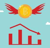 Bitcoin BTC price falls down. Bitcoin crash design. Red arrow graph shows Bitcoin price going down, Risk investment vector illustration