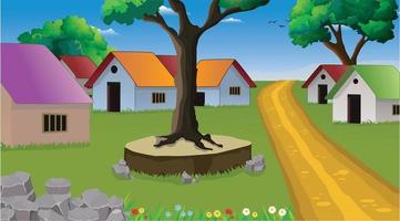 Village cartoon background illustration with old style cottage, well, trees, narrow road, mountains and green grass. vector