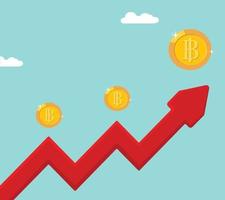 bitcoin cayendo con gráfico, bitcoin cryptocurrency valor bursátil demanda de mercado aumento de precio aumento disparado con gráfico gráfico diagrama vector ilustración plana