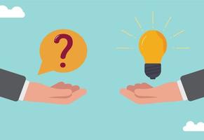 Question and answer, businessman hand holding question mark with other reply with lightbulb. solving problem or business solution. vector